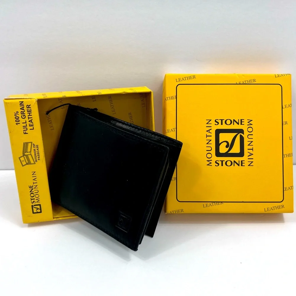 ⭐️STONE MOUNTAIN💯MENS BLACK LEATHER WALLET W/RFID PROTECTION, INTERIOR ZIPPER